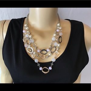 Necklace, 3 strands, pink, white, silver. NWOT.